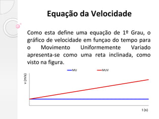 Equação da Velocidade

          Como esta define uma equação de 1º Grau, o
          gráfico de velocidade em funçao do tempo para
          o     Movimento      Uniformemente    Variado
          apresenta-se como uma reta inclinada, como
          visto na figura.
                          MU         MUV
v (m/s)




                                                   t (s)
 