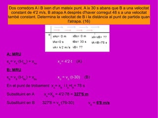 Dos corredors A i B ixen d'un mateix punt. A ix 30 s abans que B a una velocitat
constant de 4'2 m/s, B atrapa A després d'haver corregut 48 s a una velocitat
també constant. Determina la velocitat de B i la distància al punt de partida quan
l'atrapa. (16)
A: MRU
xA
= vA
·(t-tAo
) + xAo
xA
= 4'2·t (A)
B: MRU
xB
= vB
·(t-tBo
) + xBo
xB
= vB
·(t-30) (B)
En el punt de trobament xA
= xB
i tA
=tB
= 78 s
Substituint en A xA
=XB
= 4'2·78 = 327'6 m
Substituint en B 327'6 = vB
·(76-30) vB
= 6'8 m/s
 