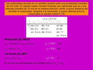 Una motocicleta aturada en un semàfor arranca amb una acceleració constant
de 2'5 m/s2. En aquest mateix moment l'avança una camioneta que va a una
velocitat constant de 15 m/s en la mateixa direcció i sentit. A quina distància del
semàfor la motocicleta atraparà a la camioneta. A quina velocitat anirà la
motocicleta en aquest instant? (19)
Motocicleta (B): MRUA
xB
= ½·a·(t-to
)2
+ vBo
·(t1
-to
) + xo
xB
= 1'25·t2
(A)
vB
= a·(t-to
) + vBo
vB
= 2'5·t (B)
Camioneta (A): MRU
xA
= vA
·(t-to
) + xAo
xA
= 15·t ©
En el punt de encreuament es complirà que xA
= xB
i tA
=tB
 