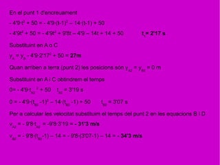 En el punt 1 d'encreuament
- 4'9·t2
+ 50 = - 4'9·(t-1)2
– 14·(t-1) + 50
- 4'9t2
+ 50 = - 4'9t2
+ 9'8t – 4'9 – 14t + 14 + 50 t1
= 2'17 s
Substituint en A o C
yA
= yB
- 4'9·2'172
+ 50 = 27m
Quan arriben a terra (punt 2) les posicions són yA2
= yB2
= 0 m
Substituint en A i C obtindrem el temps
0= - 4'9·tA2
2
+ 50 tA2
= 3'19 s
0 = - 4'9·(tB2
-1)2
– 14·(tB2
-1) + 50 tB2
= 3'07 s
Per a calcular les velocitat substituim el temps del punt 2 en les equacions B i D
vA2
= - 9'8·tA2
= -9'8·3'19 = - 31'3 m/s
vB2
= - 9'8·(tB2
-1) – 14 = - 9'8·(3'07-1) – 14 = - 34'3 m/s
 