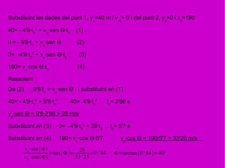 Substituint les dades del punt 1, y1
=40 m i v1y
= 0 i del punt 2, y2
=0 i x2
=190
40= - 4'9·t1
2
+ vo
·sen ·tƟ 1
(1)
0 = - 9'8·t1
+ vo
·sen (2)Ɵ
0= -4'9·t2
2
+ vo
·sen ·tƟ 2
(3)
190= vo
·cos ·tƟ 2
(4)
Ressolem
De (2) 9'8·t1
= vo
·sen i substituint en (1)Ɵ
40= - 4'9·t1
2
+ 9'8·t1
2
40= 4'9·t1
2
t1
= 2'86 s
vo
·sen = 9'8·2'86 = 28 m/sƟ
Substituint en (3) 0= -4'9·t2
2
+ 28·t2
t2
= 5'7 s
Substituint en (4) 190= vo
·cos ·5'7Ɵ vo
·cos = 190/5'7 = 33'25 m/sƟ
vo ·sin(Φ)
vo· cos(Φ)
=tan(Φ)=
28
33' 25
=0' 84 Φ=arctan(0' 84)=40º
 
