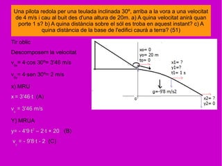Tir oblic
Descomposem la velocitat
v0x
= 4·cos 30º= 3'46 m/s
v0y
= 4·sen 30º= 2 m/s
x) MRU
x = 3'46·t (A)
vx
= 3'46 m/s
Y) MRUA
y= - 4'9·t2
– 2·t + 20 (B)
vy
= - 9'8·t - 2 (C)
Una pilota redola per una teulada inclinada 30º, arriba a la vora a una velocitat
de 4 m/s i cau al buit des d'una altura de 20m. a) A quina velocitat anirà quan
porte 1 s? b) A quina distància sobre el sól es troba en aquest instant? c) A
quina distància de la base de l'edifici caurà a terra? (51)
 