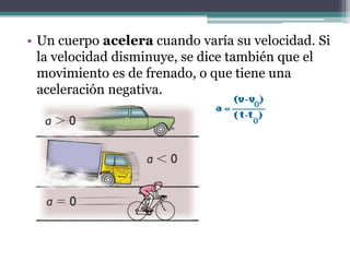Un cuerpo acelera cuando varía su velocidad. Si la velocidad disminuye, se dice también que el movimiento es de frenado, o que tiene una aceleración negativa.