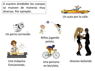 A nuestro alrededor los cuerpos
se mueven de maneras muy
diversas. Por ejemplo:
                                             Un auto por la calle.




 Un perro corriendo.
                           Niños jugando
                              pelota.




   Una máquina               Una persona          Jóvenes bailando
   funcionando.              en bicicleta.
 