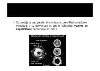    Su ventaja es que pueden sincronizarse con el flash a cualquier
    velocidad, y su desventaja es que la velocidad máxima de
    exposición no puede superar 1/500 s.
 