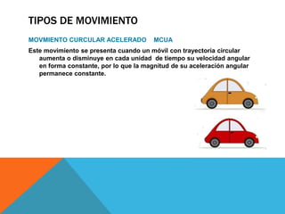 TIPOS DE MOVIMIENTO
MOVMIENTO CURCULAR ACELERADO MCUA
Este movimiento se presenta cuando un móvil con trayectoria circular
aumenta o disminuye en cada unidad de tiempo su velocidad angular
en forma constante, por lo que la magnitud de su aceleración angular
permanece constante.
 