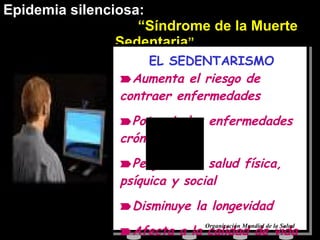 Epidemia silenciosa :  “S índrome de la Muerte Sedentaria ” EL SEDENTARISMO Aumenta el riesgo de  contraer enfermedades Potencia las enfermedades crónicas Perjudica la salud física, psíquica y social Disminuye la longevidad Afecta a la calidad de vida Organización Mundial de la Salud 