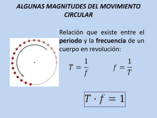ALGUNAS MAGNITUDES DEL MOVIMIENTO
CIRCULAR
Relación que existe entre el
periodo y la frecuencia de un
cuerpo en revolución:
 