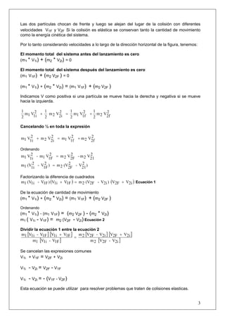3
Las dos partículas chocan de frente y luego se alejan del lugar de la colisión con diferentes
velocidades V1F y V2F Si la colisión es elástica se conservan tanto la cantidad de movimiento
como la energía cinética del sistema.
Por lo tanto considerando velocidades a lo largo de la dirección horizontal de la figura, tenemos:
El momento total del sistema antes del lanzamiento es cero
(m1 * V1i) + (m2 * V2i) = 0
El momento total del sistema después del lanzamiento es cero
(m1 V1F) + (m2 V2F ) = 0
(m1 * V1i) + (m2 * V2i) = (m1 V1F) + (m2 V2F )
Indicamos V como positiva si una partícula se mueve hacia la derecha y negativa si se mueve
hacia la izquierda.
2
2f
V2m
2
12
1f
V1m
2
12
2i
V2m
2
12
1i
V1m
2
1
+=+
Cancelando ½ en toda la expresión
2
2f
V2m2
1f
V1m2
2i
V2m2
1i
V1m +=+
Ordenando
2
21
V2m-2
2F
V2m2
1F
V1m-2
1i
V1m =
)2
21
V-2
2F
(V2m)2
1F
V-2
1i
(V1m =
Factorizando la diferencia de cuadrados
( ) ( )2iV2FV)2iV-2F(V2m1FV1iV)1FV-1i(V1m +=+ Ecuación 1
De la ecuación de cantidad de movimiento
(m1 * V1i) + (m2 * V2i) = (m1 V1F) + (m2 V2F )
Ordenando
(m1 * V1i) - (m1 V1F) = (m2 V2F ) - (m2 * V2i)
m1 ( V1i - V1F) = m2 (V2F - V2i) Ecuación 2
Dividir la ecuación 1 entre la ecuación 2
[ ] [ ]
[ ]
[ ] [ ]
[ ]2iV-2FV2m
2iV2FV2iV-2FV2m
1FV-1iV1m
1FV1iV1FV-1iV1m +
=
+
Se cancelan las expresiones comunes
V1i + V1F = V2F + V2i
V1i - V2i = V2F - V1F
V1i - V2i = - (V1F - V2F)
Esta ecuación se puede utilizar para resolver problemas que traten de colisiones elasticas.
 
