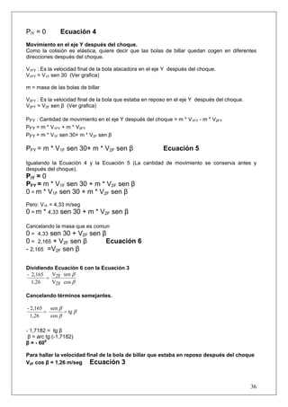 36
PiY = 0 Ecuación 4
Movimiento en el eje Y después del choque.
Como la colisión es elástica, quiere decir que las bolas de billar quedan cogen en diferentes
direcciones después del choque.
V1FY : Es la velocidad final de la bola atacadora en el eje Y después del choque.
V1FY = V1F sen 30 (Ver grafica)
m = masa de las bolas de billar
V2FY : Es la velocidad final de la bola que estaba en reposo en el eje Y después del choque.
V2FY = V2F sen β (Ver grafica)
PFY : Cantidad de movimiento en el eje Y después del choque = m * V1FY - m * V2FY
PFY = m * V1FY + m * V2FY
PFY = m * V1F sen 30+ m * V2F sen β
PFY = m * V1F sen 30+ m * V2F sen β Ecuación 5
Igualando la Ecuación 4 y la Ecuación 5 (La cantidad de movimiento se conserva antes y
después del choque).
PiY = 0
PFY = m * V1F sen 30 + m * V2F sen β
0 = m * V1F sen 30 + m * V2F sen β
Pero: V1F = 4,33 m/seg
0 = m * 4,33 sen 30 + m * V2F sen β
Cancelando la masa que es comun
0 = 4,33 sen 30 + V2F sen β
0 = 2,165 + V2F sen β Ecuación 6
- 2,165 =V2F sen β
Dividiendo Ecuación 6 con la Ecuación 3
β
β
cosV
senV
1,26
2,165-
2F
2F=
Cancelando términos semejantes.
β
β
β
tg
cos
sen
1,26
2,165-
==
- 1,7182 = tg β
β = arc tg (-1,7182)
β = - 600
Para hallar la velocidad final de la bola de billar que estaba en reposo después del choque
V2F cos β = 1,26 m/seg Ecuación 3
 