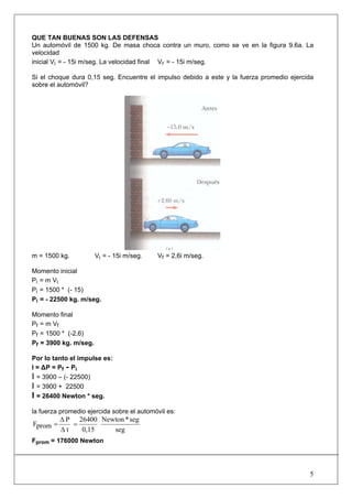 5
QUE TAN BUENAS SON LAS DEFENSAS
Un automóvil de 1500 kg. De masa choca contra un muro, como se ve en la figura 9.6a. La
velocidad
inicial Vi = - 15i m/seg. La velocidad final VF = - 15i m/seg.
Si el choque dura 0,15 seg. Encuentre el impulso debido a este y la fuerza promedio ejercida
sobre el automóvil?
m = 1500 kg. Vi = - 15i m/seg. Vf = 2,6i m/seg.
Momento inicial
Pi = m Vi
Pi = 1500 * (- 15)
Pi = - 22500 kg. m/seg.
Momento final
Pf = m Vf
Pf = 1500 * (-2,6)
Pf = 3900 kg. m/seg.
Por lo tanto el impulse es:
I = ΔP = Pf - Pi
I = 3900 – (- 22500)
I = 3900 + 22500
I = 26400 Newton * seg.
la fuerza promedio ejercida sobre el automóvil es:
seg
seg*Newton
0,15
26400
t
P
promF =
Δ
Δ
=
Fprom = 176000 Newton
 