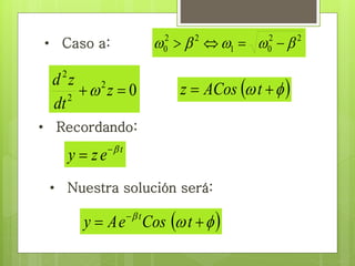 2 2 
0 • Caso a:        
0 z  ACos  t   2 
d z 
2 
2 
 z  
dt 
 
• Recordando: 
t y z e   
• Nuestra solución será: 
       y Ae Cos t t 
2 2 
1 0 
 