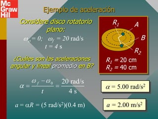 Ejemplo de aceleración
   Considere disco rotatorio         R1      A
            plano:
       = 0;         = 20 rad/s
                    f                            B
                  t=4s
                                            R2
 ¿Cuáles son las aceleraciones     R1 = 20 cm
angular y lineal promedio en B?    R2 = 40 cm

          f        0    20 rad/s
                                    = 5.00 rad/s2
              t           4s
 a = R = (5 rad/s2)(0.4 m)         a = 2.00 m/s2
 