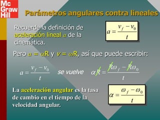 Parámetros angulares contra lineales

Recuerde la definición de                 vf          v0
aceleración lineal a de la
                                     a
                                                  t
cinemática.
Pero a = R y v =          R, así que puede escribir:

       vf       v0                    R           R
  a                  se vuelve   R        f                0

            t                                 t
La aceleración angular es la tasa                 f            0
de cambio en el tiempo de la                          t
velocidad angular.
 