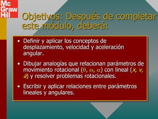 Objetivos: Después de completar
 este módulo, deberá:
• Definir y aplicar los conceptos de
  desplazamiento, velocidad y aceleración
  angular.
• Dibujar analogías que relacionan parámetros de
  movimiento rotacional ( , , ) con lineal (x, v,
  a) y resolver problemas rotacionales.
• Escribir y aplicar relaciones entre parámetros
  lineales y angulares.
 
