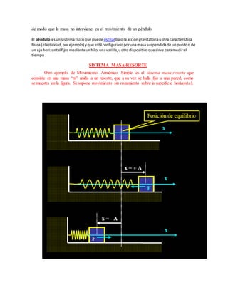 de modo que la masa no interviene en el movimiento de un péndulo
El péndulo esun sistemafísicoque puede oscilarbajolaaccióngravitatoriauotra característica
física (elasticidad,porejemplo) yque estáconfiguradoporunamasa suspendidade unpuntoo de
un eje horizontal fijosmedianteunhilo,unavarilla,uotrodispositivoque sirve paramedirel
tiempo
SISTEMA MASA-RESORTE
Otro ejemplo de Movimiento Armónico Simple es el sistema masa-resorte que
consiste en una masa “m” unida a un resorte, que a su vez se halla fijo a una pared, como
se muestra en la figura. Se supone movimiento sin rozamiento sobre la superficie horizontal.
El resorte es un elemento muy común en máquinas. Tiene una longitud normal, en
ausencia de fuerzas externas. z a :
 