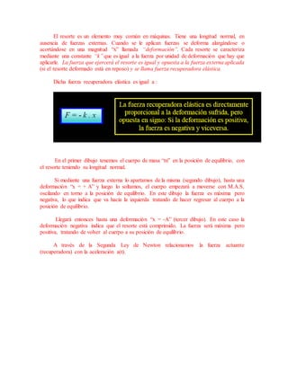 El resorte es un elemento muy común en máquinas. Tiene una longitud normal, en
ausencia de fuerzas externas. Cuando se le aplican fuerzas se deforma alargándose o
acortándose en una magnitud “x” llamada “deformación”. Cada resorte se caracteriza
mediante una constante “k”que es igual a la fuerza por unidad de deformación que hay que
aplicarle. La fuerza que ejercerá el resorte es igual y opuesta a la fuerza externa aplicada
(si el resorte deformado está en reposo) y se llama fuerza recuperadora elástica.
Dicha fuerza recuperadora elástica es igual a :
En el primer dibujo tenemos el cuerpo de masa “m” en la posición de equilibrio, con
el resorte teniendo su longitud normal.
Si mediante una fuerza externa lo apartamos de la misma (segundo dibujo), hasta una
deformación “x = + A” y luego lo soltamos, el cuerpo empezará a moverse con M.A.S.
oscilando en torno a la posición de equilibrio. En este dibujo la fuerza es máxima pero
negativa, lo que indica que va hacia la izquierda tratando de hacer regresar al cuerpo a la
posición de equilibrio.
Llegará entonces hasta una deformación “x = -A” (tercer dibujo). En este caso la
deformación negativa indica que el resorte está comprimido. La fuerza será máxima pero
positiva, tratando de volver al cuerpo a su posición de equilibrio.
A través de la Segunda Ley de Newton relacionamos la fuerza actuante
(recuperadora) con la aceleración a(t).
 