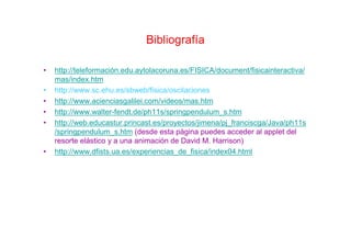 Bibliografía
• http://teleformación.edu.aytolacoruna.es/FISICA/document/fisicainteractiva/
mas/index.htm
• http://www.sc.ehu.es/sbweb/fisica/oscilaciones
• http://www.acienciasgalilei.com/videos/mas.htm
• http://www.walter-fendt.de/ph11s/springpendulum_s.htm
• http://web.educastur.princast.es/proyectos/jimena/pj_franciscga/Java/ph11s
/springpendulum_s.htm (desde esta página puedes acceder al applet del
resorte elástico y a una animación de David M. Harrison)
• http://www.dfists.ua.es/experiencias_de_fisica/index04.html
 