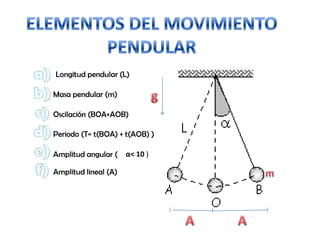 Longitud pendular (L)
Masa pendular (m)
Oscilación (BOA+AOB)
Periodo (T= t(BOA) + t(AOB) )
Amplitud angular (
Amplitud lineal (A)
α< 10 )
 