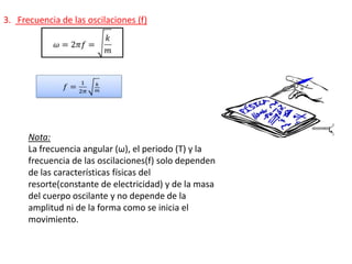3. Frecuencia de las oscilaciones (f)
Nota:
La frecuencia angular (ω), el periodo (T) y la
frecuencia de las oscilaciones(f) solo dependen
de las características físicas del
resorte(constante de electricidad) y de la masa
del cuerpo oscilante y no depende de la
amplitud ni de la forma como se inicia el
movimiento.
 