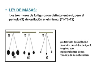 • LEY DE MASAS:
Las tres masas de la figura son distintas entre si, pero el
periodo (T) de oscilación es el mismo. (T1=T2=T3)
Los tiempos de oscilación
de varios péndulos de igual
longitud son
independientes de sus
masas y de su naturaleza.
 