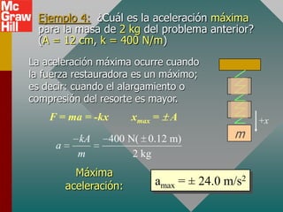 Ejemplo 4: ¿Cuál es la aceleración máxima
 para la masa de 2 kg del problema anterior?
 (A = 12 cm, k = 400 N/m)
La aceleración máxima ocurre cuando
la fuerza restauradora es un máximo;
es decir: cuando el alargamiento o
compresión del resorte es mayor.
    F = ma = -kx        xmax =   A                +x
           kA    400 N( 0.12 m)             m
     a
           m          2 kg
           Máxima
         aceleración:        amax = ± 24.0 m/s2
 