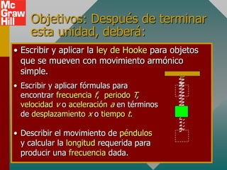 Objetivos: Después de terminar
    esta unidad, deberá:
• Escribir y aplicar la ley de Hooke para objetos
  que se mueven con movimiento armónico
  simple.
• Escribir y aplicar fórmulas para
  encontrar frecuencia f, periodo T,
  velocidad v o aceleración a en términos
  de desplazamiento x o tiempo t.

• Describir el movimiento de péndulos
  y calcular la longitud requerida para
  producir una frecuencia dada.
 