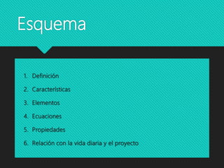 Esquema
1. Definición
2. Características
3. Elementos
4. Ecuaciones
5. Propiedades
6. Relación con la vida diaria y el proyecto
 