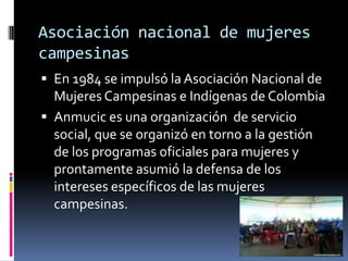 Asociación nacional de mujeres
campesinas
 En 1984 se impulsó la Asociación Nacional de
  Mujeres Campesinas e Indígenas de Colombia
 Anmucic es una organización de servicio
  social, que se organizó en torno a la gestión
  de los programas oficiales para mujeres y
  prontamente asumió la defensa de los
  intereses específicos de las mujeres
  campesinas.
 