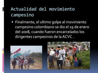 Actualidad del movimiento
campesino
 Finalmente, el ultimo golpe al movimiento
  campesino colombiano se dio el 19 de enero
  del 2008, cuando fueron encarcelados los
  dirigentes campesinos de la ACVC .
 