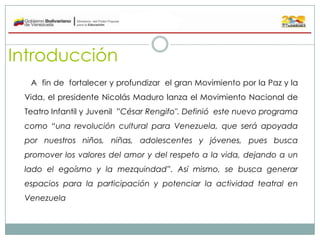 Introducción
A fin de fortalecer y profundizar el gran Movimiento por la Paz y la
Vida, el presidente Nicolás Maduro lanza...