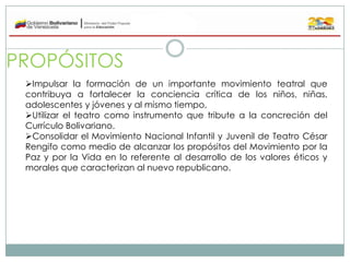 PROPÓSITOS
Impulsar la formación de un importante movimiento teatral que
contribuya a fortalecer la conciencia crítica de...