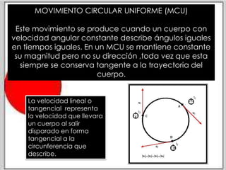 MOVIMIENTO CIRCULAR UNIFORME (MCU)

Este movimiento se produce cuando un cuerpo con
velocidad angular constante describe ángulos iguales
en tiempos iguales. En un MCU se mantiene constante
su magnitud pero no su dirección ,toda vez que esta
siempre se conserva tangente a la trayectoria del
cuerpo.




      La velocidad lineal o
   tangencial representa la
   velocidad que llevara un
 cuerpo al salir disparado en
     forma tangencial a la
 circunferencia que describe.
 