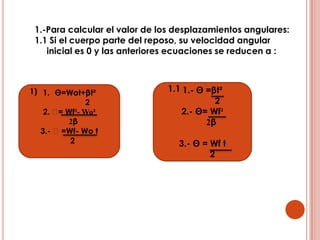 Donde
Βm = Valor de la aceleración angular media en rad/s²
Wf =Magnitud de la velocidad angular final en rad/s
W0= Magnitud de la velocidad angular inicial en rad/s
∆t= Tiempo durante el cual varia la velocidad en
segundos (s)

ACELERACION ANGULAR INSTANTANEA
Cuando el movimiento acelerado de un cuerpo que
sigue una trayectoria circular y el intervalo de tiempo es
tan pequeño que tiende a cero, la aceleración angular
del cuerpo será la instantánea.

β Inst. = lim ∆w
     ∆t 0 ∆t
 
