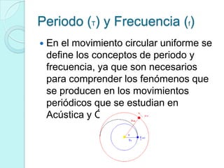 Periodo (T) y Frecuencia (f)
   En el movimiento circular uniforme se
    define los conceptos de periodo y
    frecuencia, ya que son necesarios
    para comprender los fenómenos que
    se producen en los movimientos
    periódicos que se estudian en
    Acústica y Óptica
 