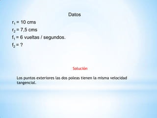 Datos
r1 = 10 cms
r2 = 7,5 cms
f1 = 6 vueltas / segundos.
f2 = ?
Solución
Los puntos exteriores las dos poleas tienen la misma velocidad
tangencial.
 
