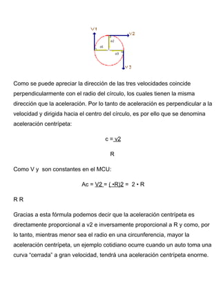 Como se puede apreciar la dirección de las tres velocidades coincide
perpendicularmente con el radio del círculo, los cuales tienen la misma
dirección que la aceleración. Por lo tanto de aceleración es perpendicular a la
velocidad y dirigida hacia el centro del círculo, es por ello que se denomina
aceleración centrípeta:
c = v2
R
Como V y son constantes en el MCU:
Ac = V2 = ( •R)2 = 2 • R
R R
Gracias a esta fórmula podemos decir que la aceleración centrípeta es
directamente proporcional a v2 e inversamente proporcional a R y como, por
lo tanto, mientras menor sea el radio en una circunferencia, mayor la
aceleración centrípeta, un ejemplo cotidiano ocurre cuando un auto toma una
curva “cerrada” a gran velocidad, tendrá una aceleración centrípeta enorme.
 