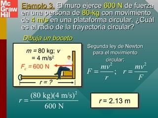 Ejemplo 3.Ejemplo 3. El muro ejerceEl muro ejerce 600 N600 N de fuerzade fuerza
en una persona deen una persona de 80-kg80-kg con movimientocon movimiento
dede 4 m/s4 m/s en una plataforma circular. ¿Cuálen una plataforma circular. ¿Cuál
es el radio de la trayectoria circular?es el radio de la trayectoria circular?
2 2
;
mv mv
F r
r F
= =
Segunda ley de NewtonSegunda ley de Newton
para el movimientopara el movimiento
circularcircular::
2
(80 kg)(4 m/s)
600 N
r = r = 2.13 mr = 2.13 m
Dibuja un bocetoDibuja un boceto
r = ?
m = 80 kg; v
= 4 m/s2
Fc = 600 N
 