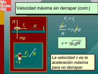 Velocidad máxima sin derrapar (cont.)Velocidad máxima sin derrapar (cont.)
Fc = fs
mv2
R
= µsmg
v = µsgR
La velocidad v es la
aceleración máxima
para no derrapar.
La velocidad v es la
aceleración máxima
para no derrapar.
n
mg
fs R
R
v
m
Fc
 