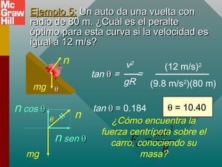 Ejemplo 5:Ejemplo 5: Un auto da una vuelta conUn auto da una vuelta con
radio de 80 m. ¿Cuál es el peralteradio de 80 m. ¿Cuál es el peralte
óptimo para esta curva si la velocidad esóptimo para esta curva si la velocidad es
igual a 12 m/s?igual a 12 m/s?
n
mg
θ
n sen θθ
n cos θθ
tan θθ = =
v2
gR
(12 m/s)2
(9.8 m/s2
)(80 m)
tan θθ = 0.184
θθ
n
mg
2
C
mv
F
R
=
¿Cómo encuentra la
fuerza centrípeta sobre el
carro, conociendo su
masa?
θ = 10.40
 