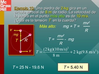 Ejemplo 10:Ejemplo 10: Una piedra deUna piedra de 2-kg2-kg gira en ungira en un
círculo vertical decírculo vertical de 8 m8 m de radio. La velocidad dede radio. La velocidad de
la piedra en el puntola piedra en el punto más altomás alto es dees de 10 m/s10 m/s..
¿Cuál es la tensión¿Cuál es la tensión TT en la cuerda?en la cuerda?
R
v
v
T
mg
mg + T =
mv2
R
Más alto:
T = - mg
mv2
R
T = 25 N - 19.6 N T = 5.40 NT = 5.40 N
2
2(2kg)(10m/s)
2 kg(9.8 m/s )
8 m
T = +
 