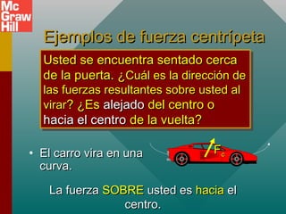 Ejemplos de fuerza centrípetaEjemplos de fuerza centrípeta
• El carro vira en unaEl carro vira en una
curva.curva.
Usted se encuentra sentado cercaUsted se encuentra sentado cerca
de la puerta. ¿de la puerta. ¿Cuál es la dirección deCuál es la dirección de
las fuerzas resultantes sobre usted allas fuerzas resultantes sobre usted al
virarvirar? ¿Es? ¿Es alejadoalejado del centro odel centro o
hacia el centrohacia el centro de la vuelta?de la vuelta?
Usted se encuentra sentado cercaUsted se encuentra sentado cerca
de la puerta. ¿de la puerta. ¿Cuál es la dirección deCuál es la dirección de
las fuerzas resultantes sobre usted allas fuerzas resultantes sobre usted al
virarvirar? ¿Es? ¿Es alejadoalejado del centro odel centro o
hacia el centrohacia el centro de la vuelta?de la vuelta?
La fuerzaLa fuerza SOBRESOBRE usted esusted es haciahacia elel
centro.centro.
FFcc
 