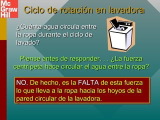 Ciclo de rotación en lavadoraCiclo de rotación en lavadora
¿Cuánta agua circula entre¿Cuánta agua circula entre
la ropa durante el ciclo dela ropa durante el ciclo de
lavado?lavado?
Piense antes de responder. . . ¿La fuerzaPiense antes de responder. . . ¿La fuerza
centrípeta hace circular el agua entre la ropa?centrípeta hace circular el agua entre la ropa?
NO.NO. De hecho, es laDe hecho, es la FALTAFALTA de esta fuerzade esta fuerza
lo que lleva a la ropa hacia los hoyos de lalo que lleva a la ropa hacia los hoyos de la
pared circular de la lavadora.pared circular de la lavadora.
NO.NO. De hecho, es laDe hecho, es la FALTAFALTA de esta fuerzade esta fuerza
lo que lleva a la ropa hacia los hoyos de lalo que lleva a la ropa hacia los hoyos de la
pared circular de la lavadora.pared circular de la lavadora.
 