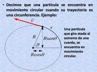 • Decimos que una partícula se encuentra en
movimiento circular cuando su trayectoria es
una circunferencia. Ejemplo:
Una partícula
que gira atada al
extremo de una
cuerda, se
encuentra en
movimiento
circular.