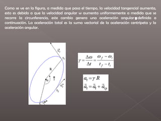 Como se ve en la figura, a medida que pasa el tiempo, la velocidad tangencial aumenta,
esto es debido a que la velocidad angular w aumenta uniformemente a medida que se
recorre la circunferencia, este cambio genera una aceleración angular g definida a
continuación. La aceleración total es la suma vectorial de la aceleración centrípeta y la
aceleración angular. 
 