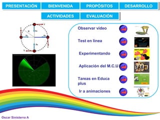 Oscar Sinisterra A
Test en línea
Ir a animaciones
Observar video
Experimentando
Aplicación del M.C.U
Tareas en Educa
plus
PRESENTACIÓNPRESENTACIÓN BIENVENIDABIENVENIDA PROPÓSITOSPROPÓSITOS DESARROLLODESARROLLO
ACTIVIDADESACTIVIDADES EVALUACIÓNEVALUACIÓN
 