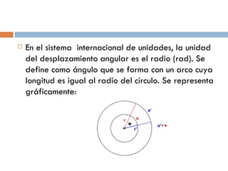 En el sistema  internacional de unidades, la unidad del desplazamiento angular es el radio (rad). Se define como ángulo que se forma con un arco cuya longitud es igual al radio del círculo. Se representa gráficamente:  