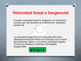 Velocidad lineal o tangencial
El vector velocidad lineal es tangente a la trayectoria
circular, por ello también se le denomina velocidad
tangencial.
La velocidad tangencial es la velocidad del móvil
(desplazamiento del móvil en el tiempo). Por lo tanto
para distintos radios y a la misma velocidad angular,
el móvil se desplaza a distintas velocidades
tangenciales.
 