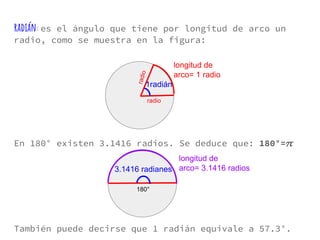 radián: es el ángulo que tiene por longitud de arco un
radio, como se muestra en la figura:
En 180° existen 3.1416 radios. Se deduce que: 180°=
También puede decirse que 1 radián equivale a 57.3°.
radio
radio
longitud de
arco= 1 radio
1radián
longitud de
arco= 3.1416 radios3.1416 radianes
180°
 