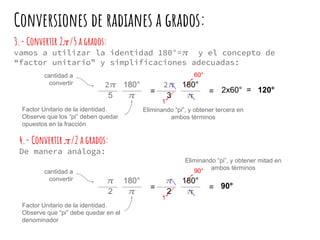 3.- Convertir 2 /5 a grados:
vamos a utilizar la identidad 180°= y el concepto de
“factor unitario” y simplificaciones adecuadas:
180°
=
cantidad a
convertir
Factor Unitario de la identidad.
Observe que los “pi” deben quedar
opuestos en la fracción
Eliminando “pi”, y obtener tercera en
ambos términos
2
5
180°
=
2
3
1
60°
2x60° = 120°
Conversiones de radianes a grados:
4.- Convertir /2 a grados:
De manera análoga:
180°
=
cantidad a
convertir
Factor Unitario de la identidad.
Observe que “pi” debe quedar en el
denominador
2
180°
=
2
1
90°
90°
Eliminando “pi”, y obtener mitad en
ambos términos
 
